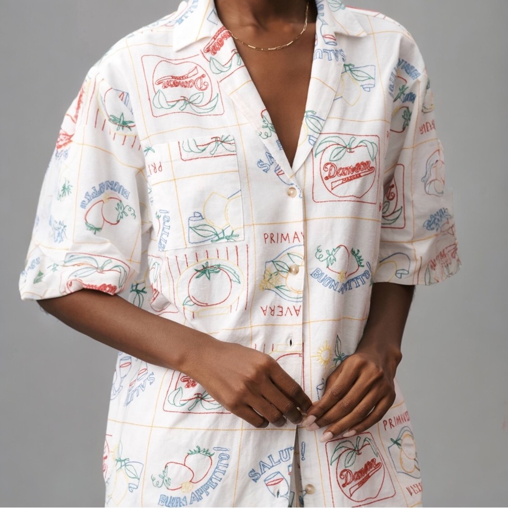 Damson Madder Buon Appetito Embroidered Camp Shirt Fun Art to Wear‎